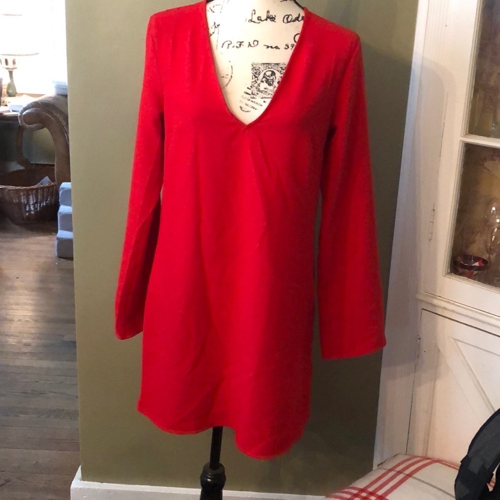 Lipstick red chemise with v neck and bell sleeves